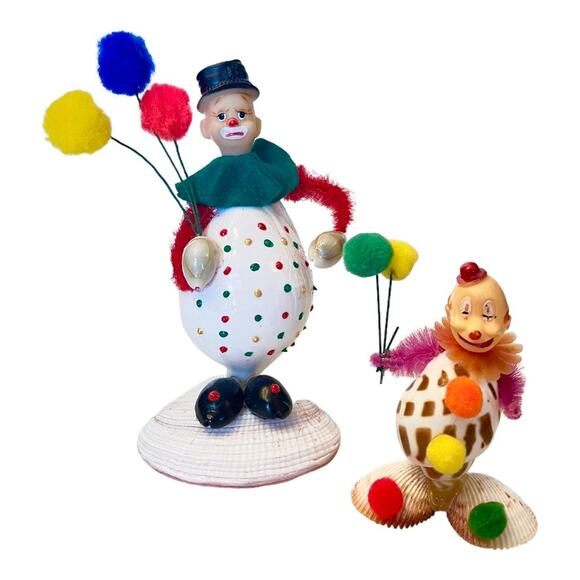 VTG Set (2) SEA SHELL CLOWNS Balloons Pipe Cleaners Shells Circus 6.5” Folk Art - Picture 1 of 6